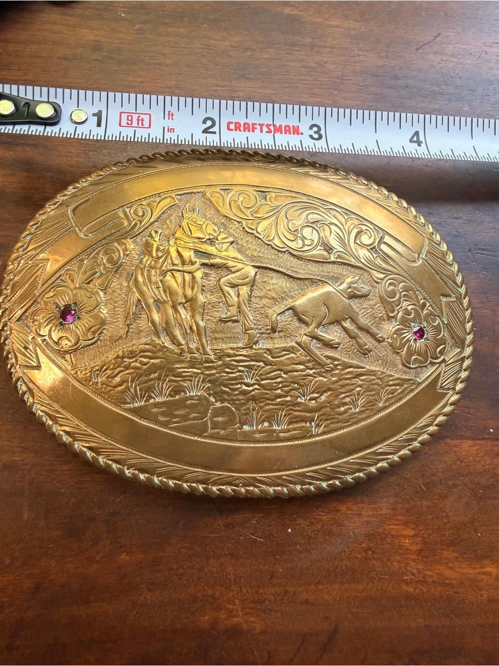 Ornate Gold-Tone Western Belt Buckle with Red Rhinestones Crumrine Vintage
